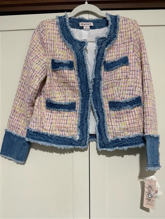 Nanette Lepore Jackets & Blazers - Nanette Lepore Pink Multicolor Tweed Jacket with Denim Trim